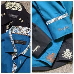 Mens Coogi Luxe Long Sleeve Button up Shirts Teal Black Paisley Designer Medium